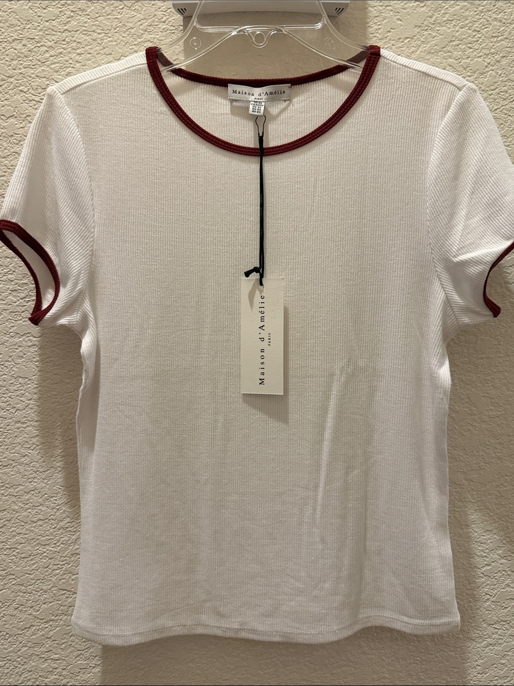 NWT Maison d’Amelie Paris Soft Stretchy Ribbed Knit Tee, XS,white/cranberry trim